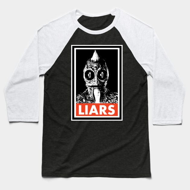 Reptilians Lie Baseball T-Shirt by AbductionWear